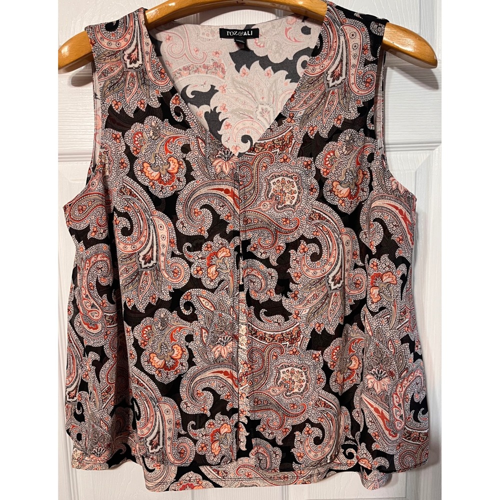 Roz & Ali Womens 1X Paisley V-Neck Sleeveless Layered Blouse Black Coral White